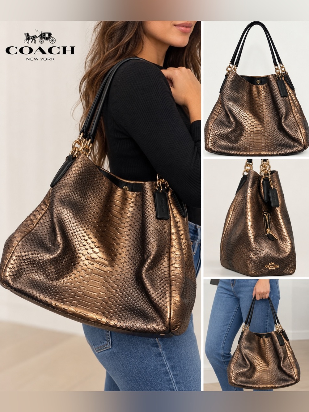 Coach Metallic Bronze Snakeskin Embossed Large Shoulder Tote Bag